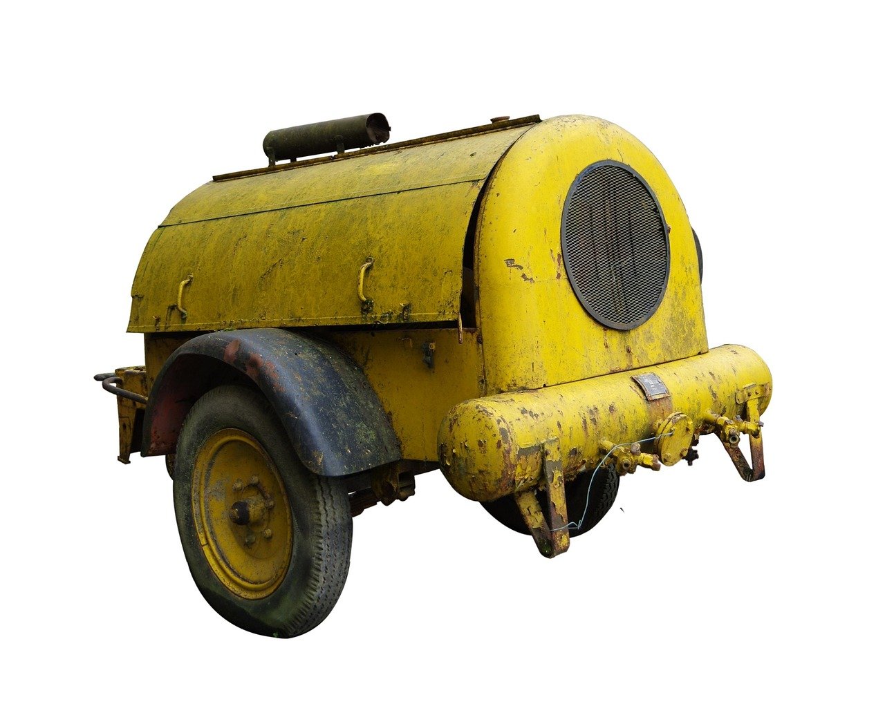 Old yellow towable site compressor on a wheeled chassis